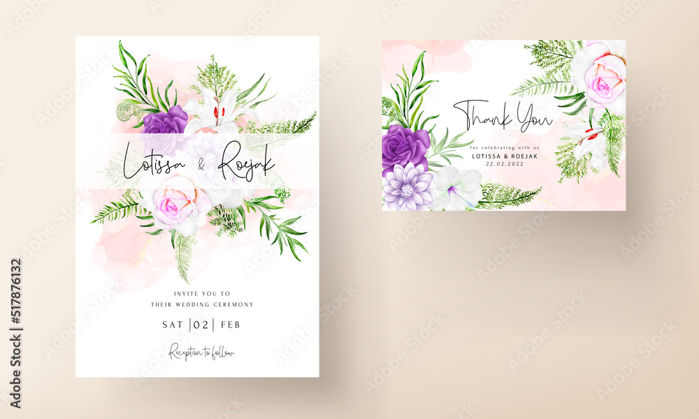invitation card template with beautiful purple floral