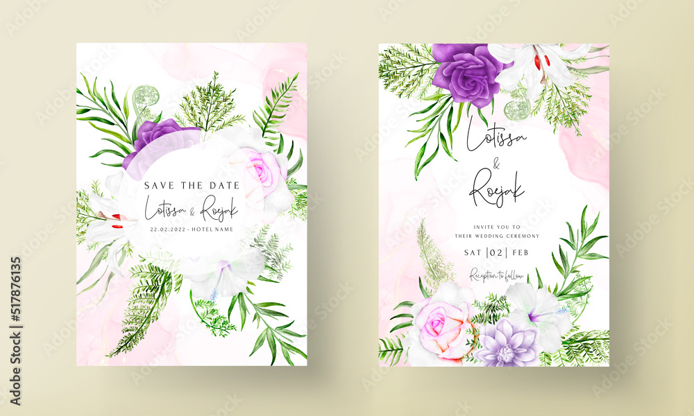 invitation card template with beautiful purple floral