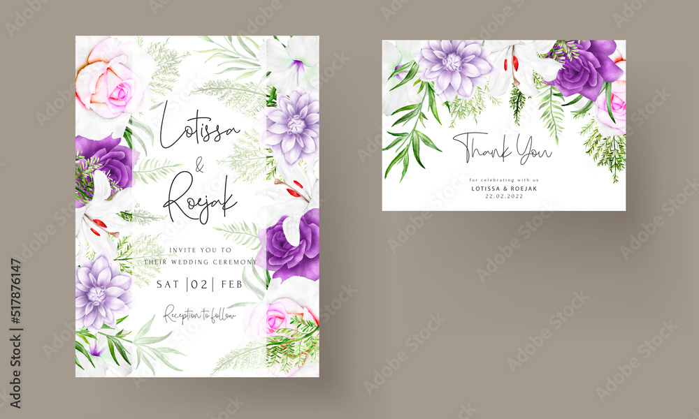 invitation card template with beautiful purple floral