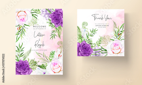 purple flower and leaves wedding invitation card template