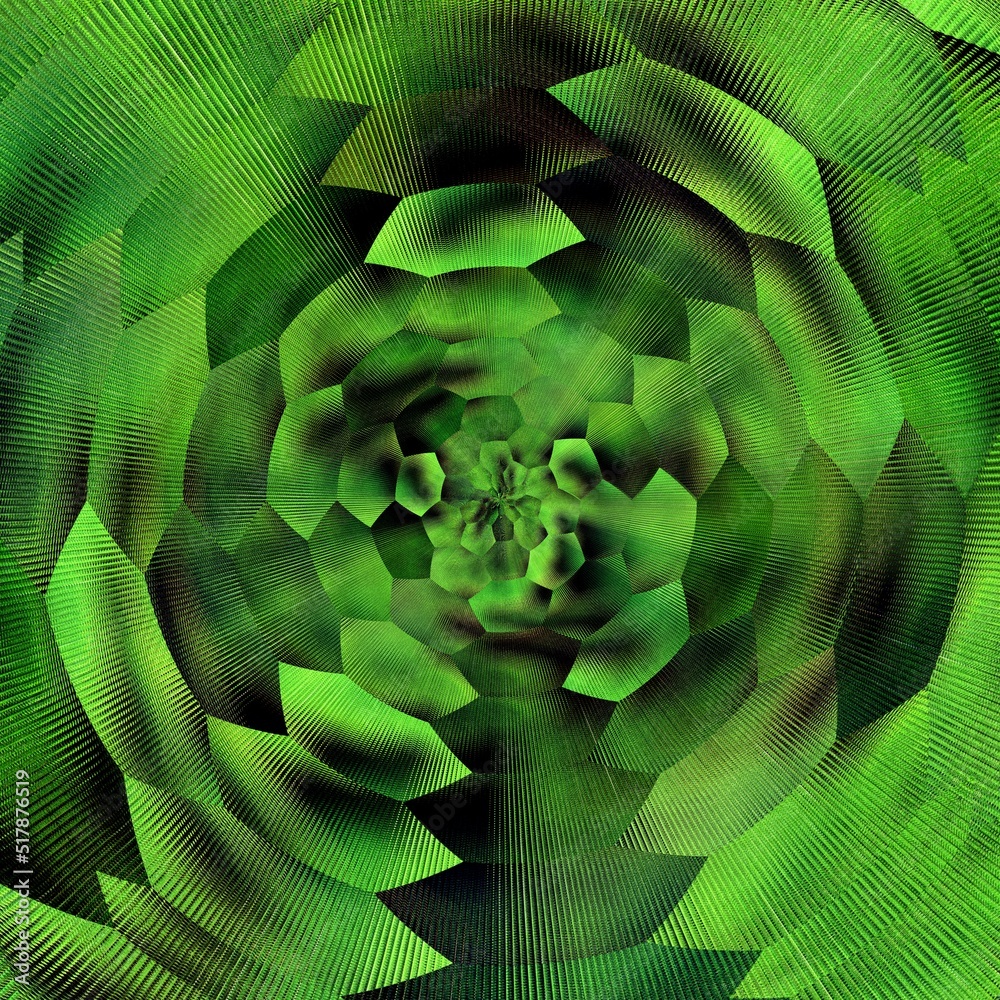 Obraz premium floral fantasy hexagonal kaleidoscopic pattern and design in shades of bright and dark green colours
