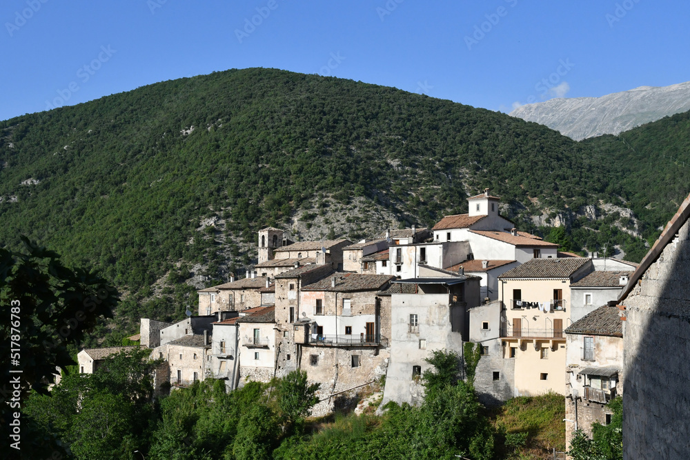 Panoramic view of Cansano,  a medieval village in the Abruzzo region of Italy.	