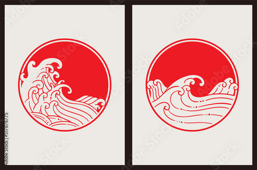 Template for tattoo, typography, decor design, covers. Japanese vintage graphic style. Line art. Stylish hand drawn illustration with waves and sun. Background in red and beige colors.