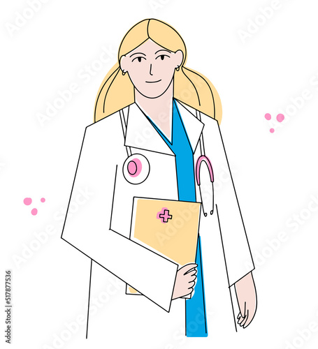 Woman doctor with stethoscope and folder. Children s doctor drawn in bright colors. Physician, Hospital, Checkup, Healthy, Treatment, Personnel