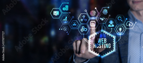 Internet, business, Technology and network concept. Web Hosting. The activity of providing storage space and access for websites. Virtual button.