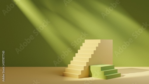 Empty podium steps, stairs in the green room, wall illuminated by sunlight. Simple presentation scene for product presentation. 3d render illustration
