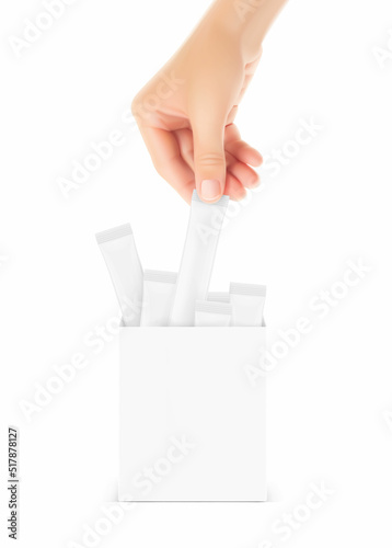 A female hand pulls a stick bag from a cardboard show box. Vector illustration isolated on a white background. Can be used to present your product. EPS10.