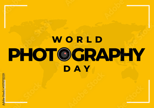 World photography day banner poster on august 19 with world map on yellow background.