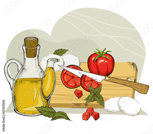 Italian or Greek food cuisine banner with tomatoes and olive oil, hand drawn vector illustration isolated on white. Salad with mozzarella or feta cheese, tomato and olive oil of mediterranean cuisine.