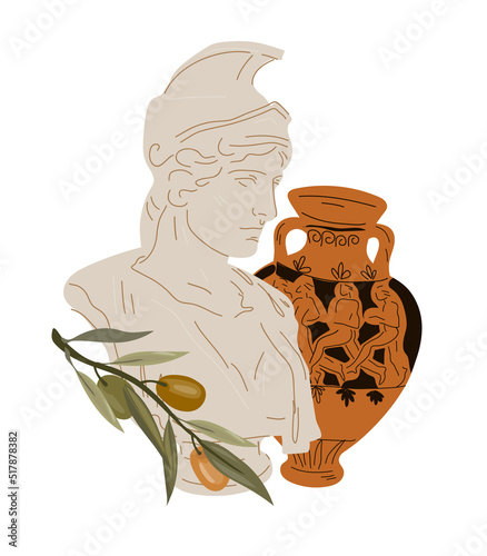 Antique marble Greek and Roman statues and amphora vases with olive branches, flat vector isolated on white background. Ancient Greek or Roman culture elements for brand identity and olive oil packs.