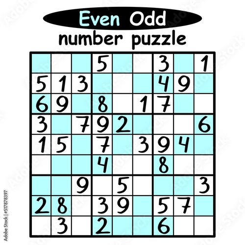 Even Odd sudoku printable activity page vector illustration. Unusual sudoku game with even numbers on colorful cells and odd numbers on white cells. Funny educational game for kids and adults
