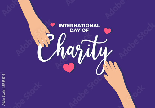 International day of charity banner poster on september 5 th with two hands and love symbol on purple background