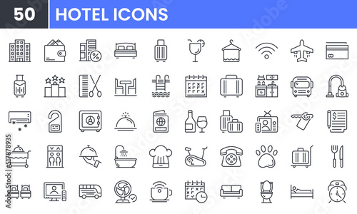 Hotel vector line icon set. Contains linear outline icons like Wifi, Bed, Shower, Room, Bath, Pool, Restaurant, Service, Plane, TV, Air, Bag, Gym, Luggage, Travel, Date. Editable use and stroke.