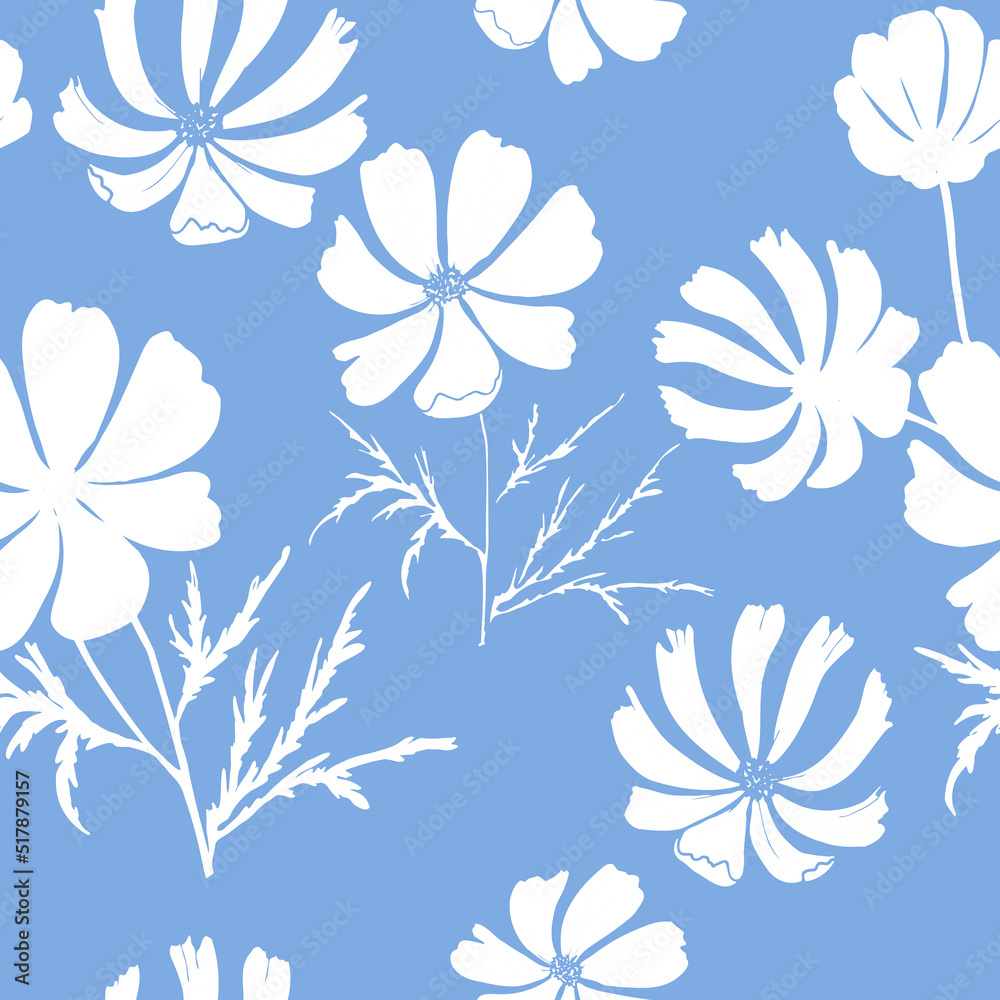 Seamless floral pattern in white color on a pale blue background. Silhouettes of cosmea flowers create a light summer pattern.