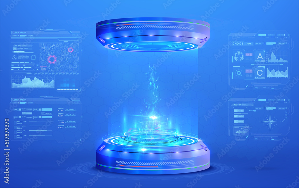 Blank display, stage or podium for show product in futuristic cyberpunk style. Technology demonstration. Futuristic circle 3D lab stage with HUD elements. Hologram of dashboard with graphs and data.