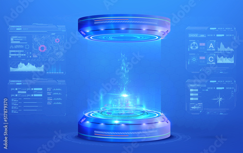 Blank display, stage or podium for show product in futuristic cyberpunk style. Technology demonstration. Futuristic circle 3D lab stage with HUD elements. Hologram of dashboard with graphs and data.