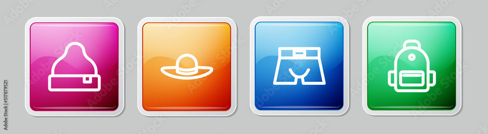 Set line Beanie hat, Elegant women, Men underpants and School backpack. Colorful square button. Vector Set line Beanie hat, Elegant women, Men underpants and School backpack. Colorful square button. Vector