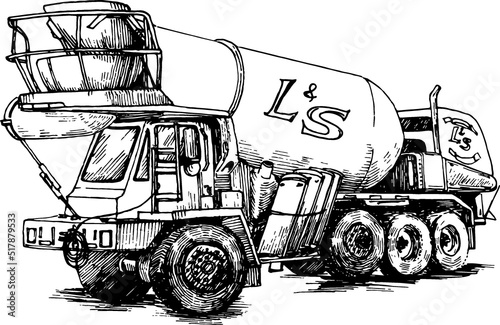 Vintage hand drawn monochromatic illustration of a concrete mixer truck