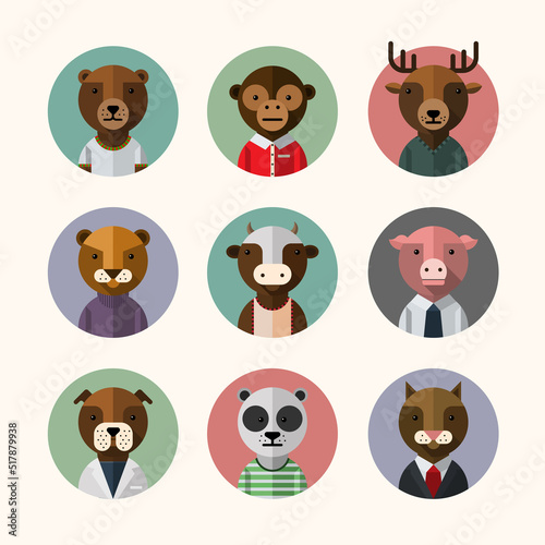 Flat design style animal avatar icon set