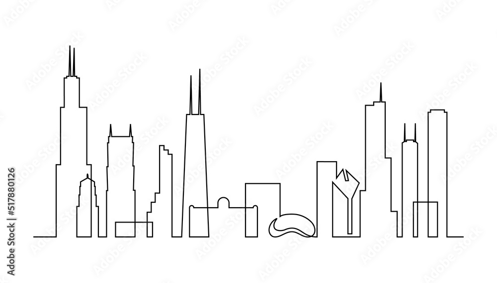 Obraz premium Chicago skyline in continuous line art drawing style. Cityscape of Chicago with silhouettes of most famous buildings and towers. Black linear design isolated on white background. Vector illustration
