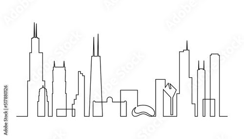 Chicago skyline in continuous line art drawing style. Cityscape of Chicago with silhouettes of most famous buildings and towers. Black linear design isolated on white background. Vector illustration photo