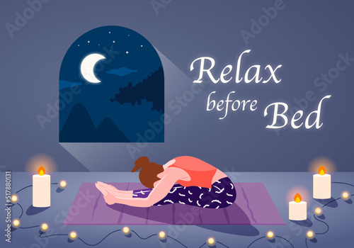 Young woman practices yoga for better sleep before bed. Vector illustration in flat cartoon style