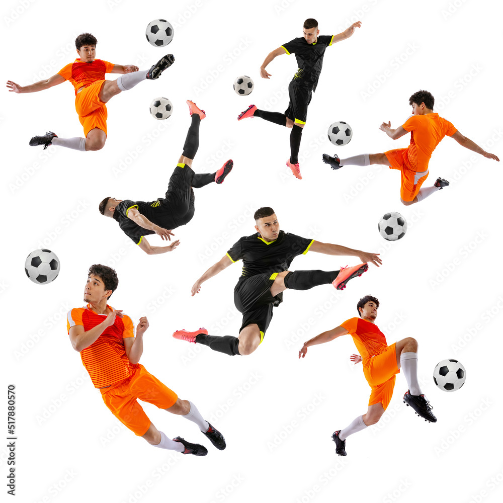 Collage made of dynamic portraits of male soccer football players training with ball isolated white studio background. Sport, team, competition concept