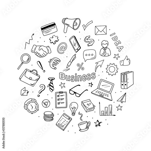 Business icons doodle set. Vector hand drawn black and white elements.