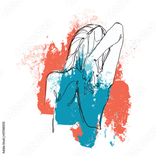 Silhouette of a female figure from the back. Black linear sketch with colored red and blue spots. Femininity and femile beauty