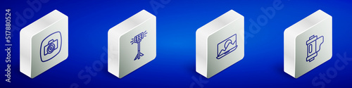 Set Isometric line Photo camera, Studio light bulb in softbox, retouching and Camera film roll cartridge icon. Vector