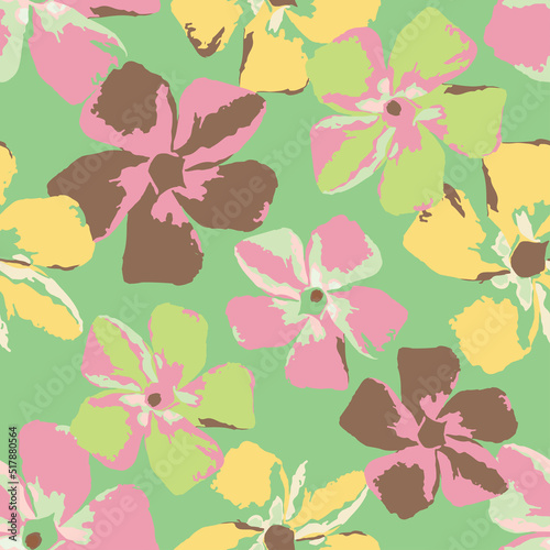 seamless plants pattern on green background with pastel flowers , greeting card or fabric