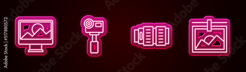 Set line Photo retouching, Action extreme camera, Camera photo lens and frame. Glowing neon icon. Vector