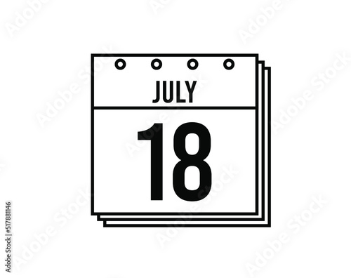July 18 calendar. July month calendar black and white icon. Simple 3D vector.
