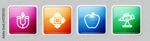 Set line Magnet, Processor CPU, Apple and Telescope. Colorful square button. Vector