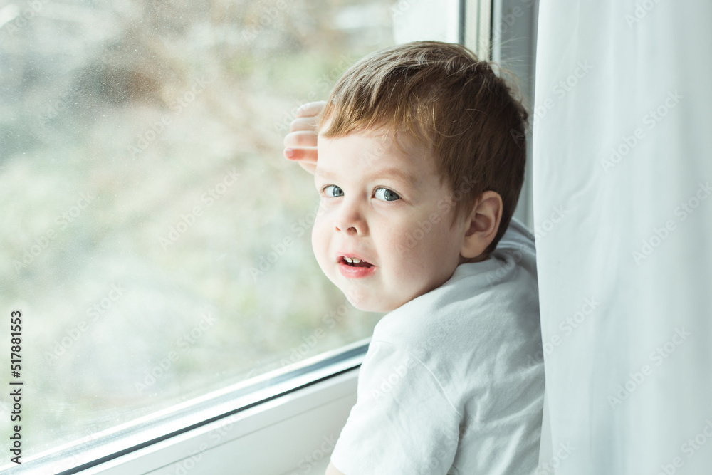 little boy looking out the window, copy space little boy looking out the window, copy space