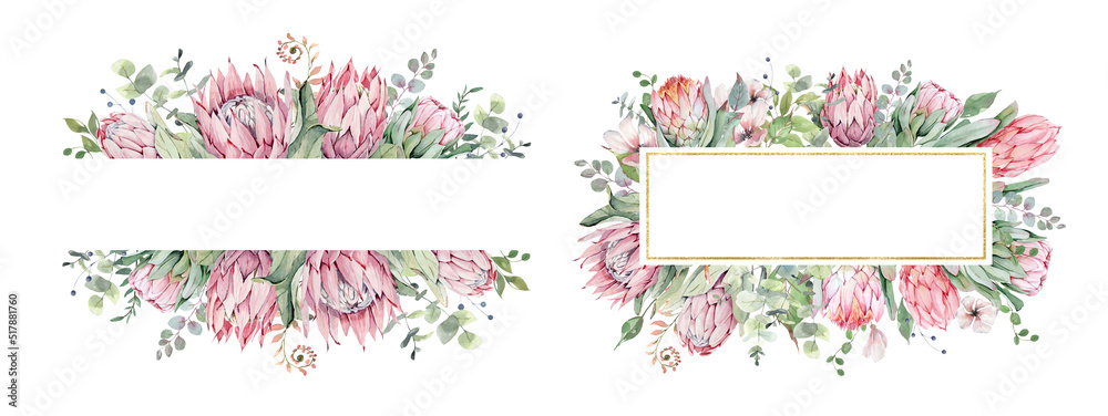Φωτογραφία protea frame, protea wreath, pink flowers, postcard design, greenery background,