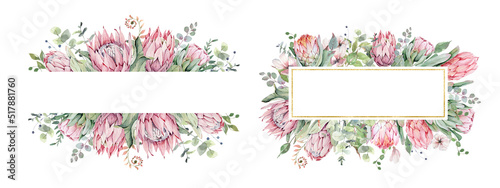 protea frame, protea wreath, pink flowers, postcard design, greenery background, floral border, wedding invitation