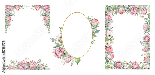 protea frame, protea wreath, pink flowers, postcard design, greenery background, floral border, wedding invitation photo