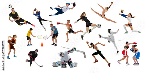 Set of dynamic portraits of young people and children doing different sports, training isolated over white studio background.