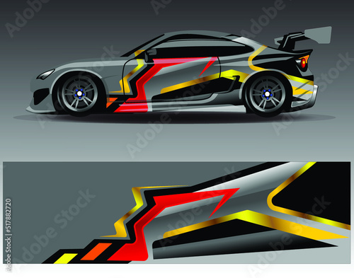 Car wrap design vector, truck and cargo van decal. Graphic abstract stripe racing background designs for vehicle, rally, race, adventure and car racing livery. © Gib