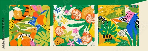 Bright set of seamless patterns. A tropical, mysterious design with various elements of wild vegetation, abstract shapes and flowers is great for clothing, wrapping, wallpaper and more