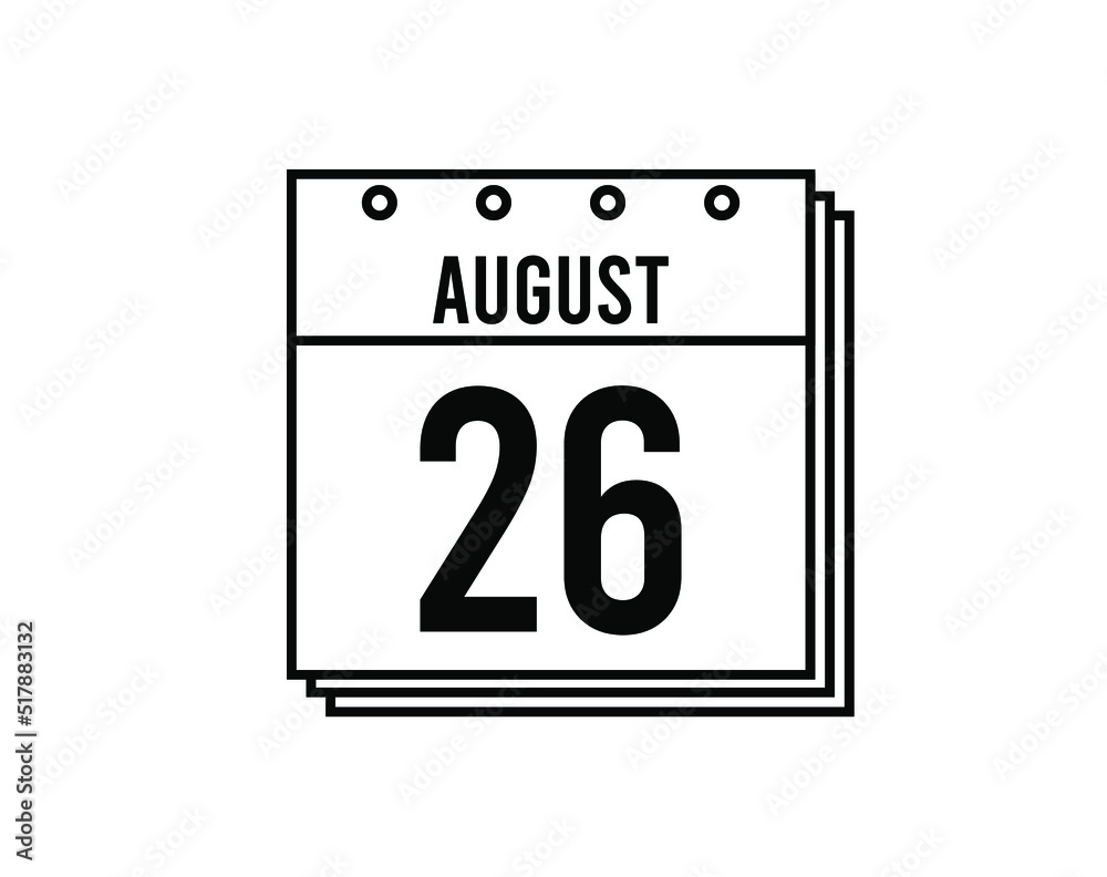 August 26 calendar. August month calendar black and white icon. Simple 3D vector. August 26 calendar. August month calendar black and white icon. Simple 3D vector.