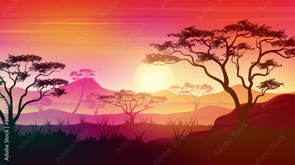 Africa savanna landscape at Sunset with colorful gradient sky