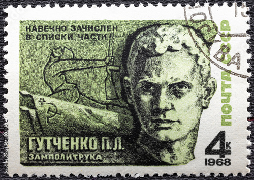USSR - CIRCA 1968: : Postage stamp issued in the Soviet Union with the image of the Hero of USSR Vice Political Officer P.L. Gutchenko, circa 1968