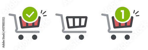 Shopping cart icon vector empty line outline art and ecommerce shop basket pictogram with added item label badge full simple minimal design isolated collection set red green black and white image