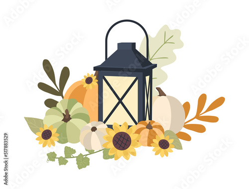 Autumn concept for Harvest festival or Thanksgiving Day. Lantern, pumkins, sunflowers and leaves. Background for posters, web, banners, flyers, postcards 