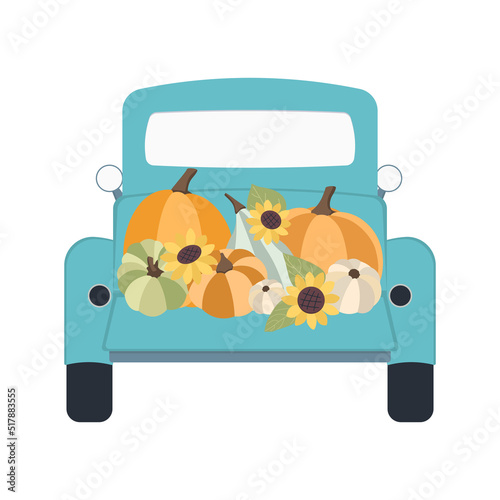 Autumn concept for Harvest festival or Thanksgiving Day. Blue retro car with pumkins, sunflowers and leaves. Background for posters, web, banners, flyers, postcards 