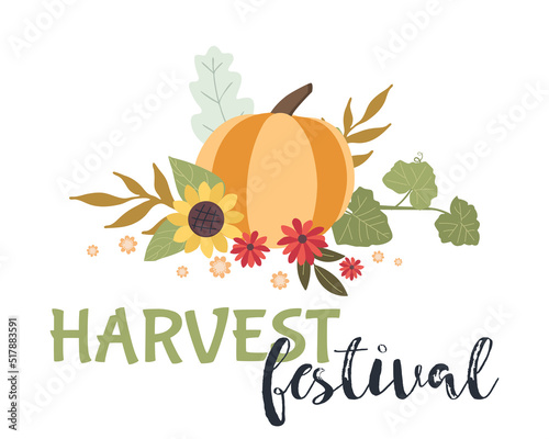 Autumn concept for Harvest festival. Pumkins with sunflowers and leaves. Background for posters, web, banners, flyers, postcards 