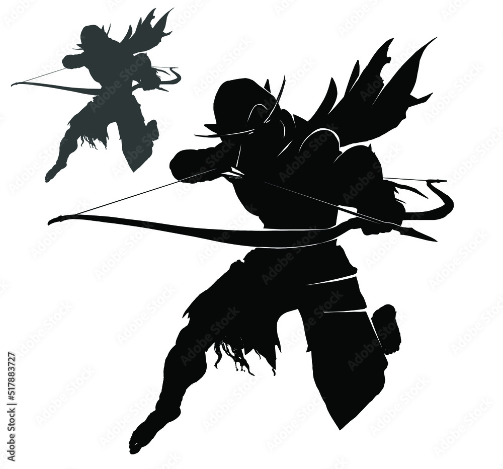 A sketch of the silhouette of a girl archer in a dynamic pose with a bow
