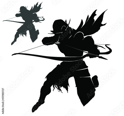 The black silhouette of an elf archer in an epic pose, he pulls the bowstring on his bow, dressed in a hooded cloak, crouched on one maple tree preparing to take a shot. 2d dynamic action vector art